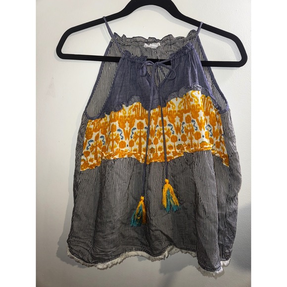 TML Tops - TML Boho Stripe Halter Tank Top Mustard Ikat Tassel Fringe Hem Medium
